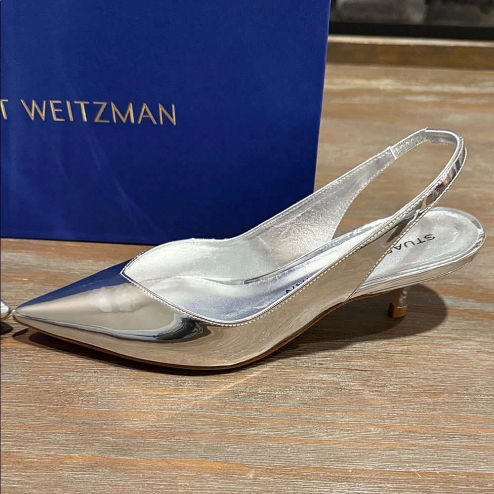 Stuart Weitzman Eva 50 Slingback Pumps 5.5 NIB Silver Metallic Luxury Heels $475